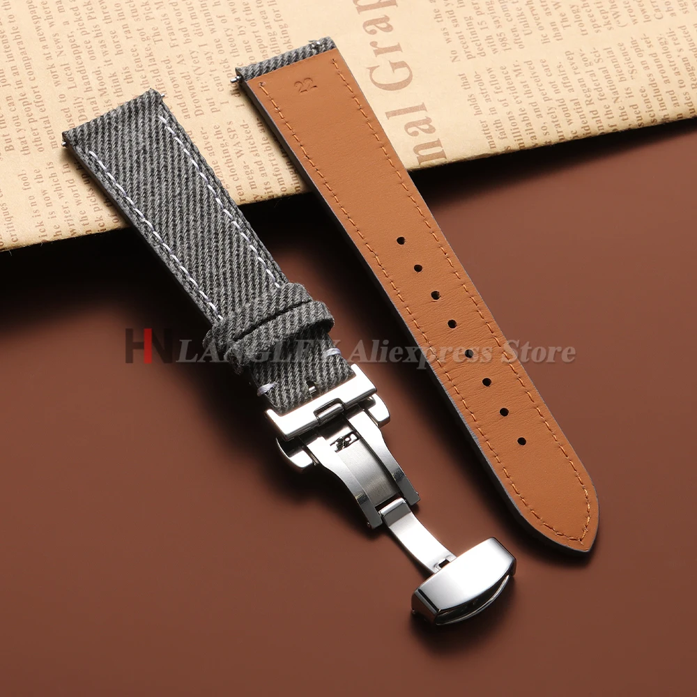 Denim Sailcloth Watchband Leather Watch Strap 18mm 20mm 22mm for Seiko for Rolex Band Butterfly Buckle for Men Women Sport Belts image 3