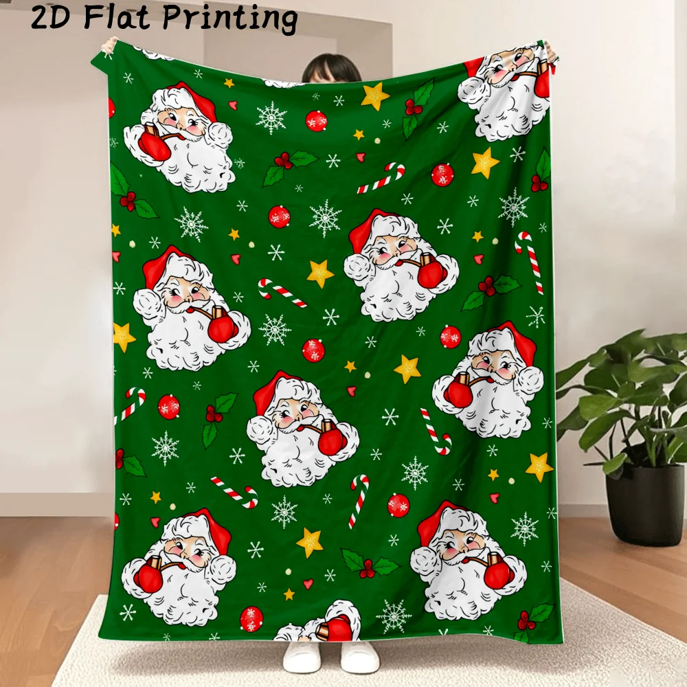 1PC 2D flat-printed flannel blanket with a Santa Claus design, ultra-soft—for Christmas decorations, holiday parties, everyday u