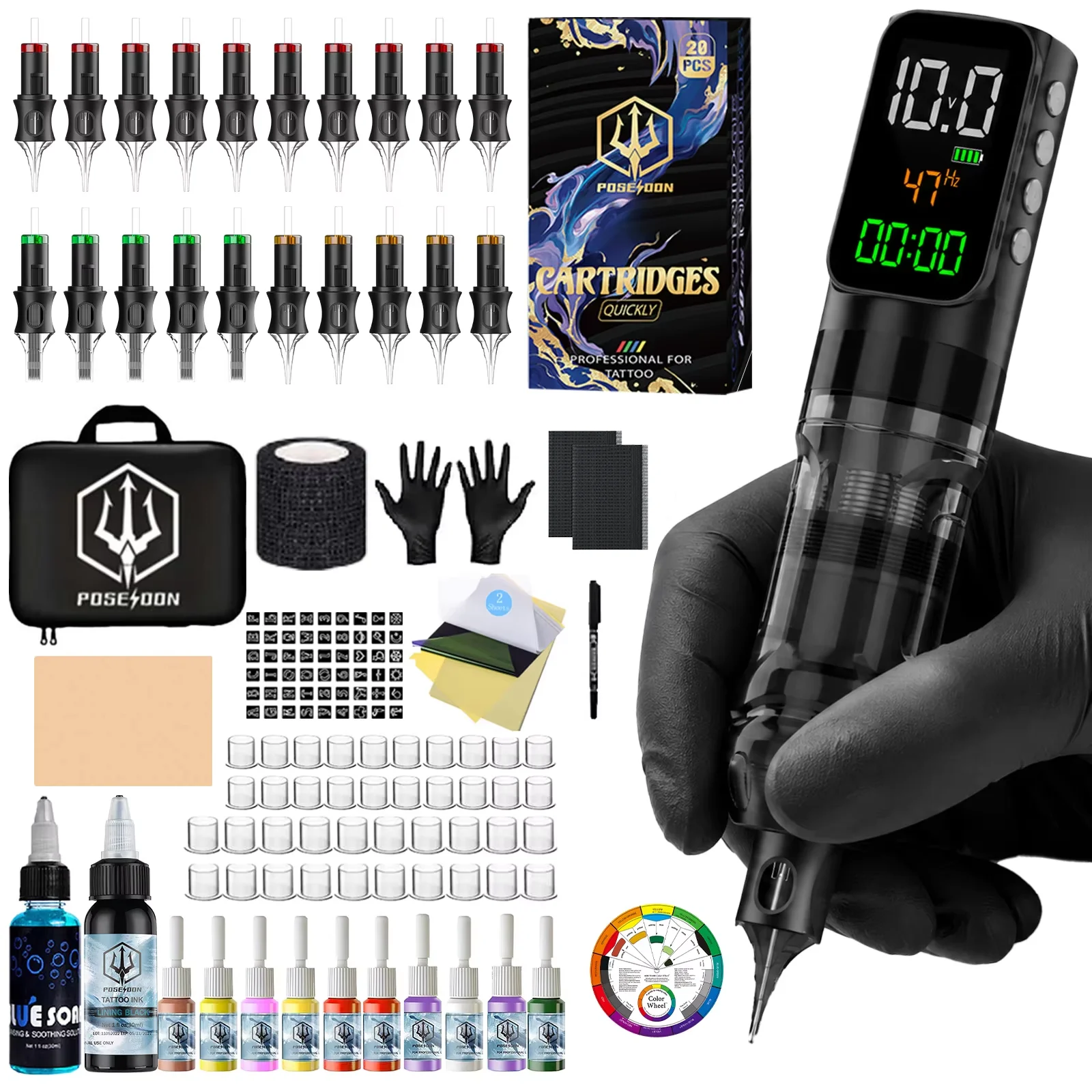 POSEIDON Tattoo-Set V5 mit Großem Farbbildschirm Tattoo-Stift-Set für Permanent Make-up Tattoo-Maschinen-Set mit Kabelloser Stromversorgung