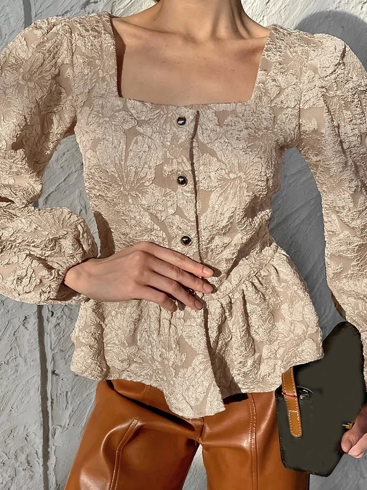 

Temperament Square Collar Loose Tops Casual Pure Long Sleeve Commute Women's Shirts Fashion Single Breasted Jacquard Lady Blouse