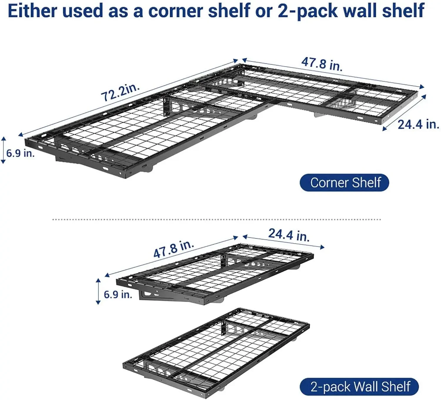 FLEXIMOUNTS 2-Pack 2x4ft Corner Wall Shelving Garage Storage Rack, 24-inch-by-48-inch Floating Shelves, Black