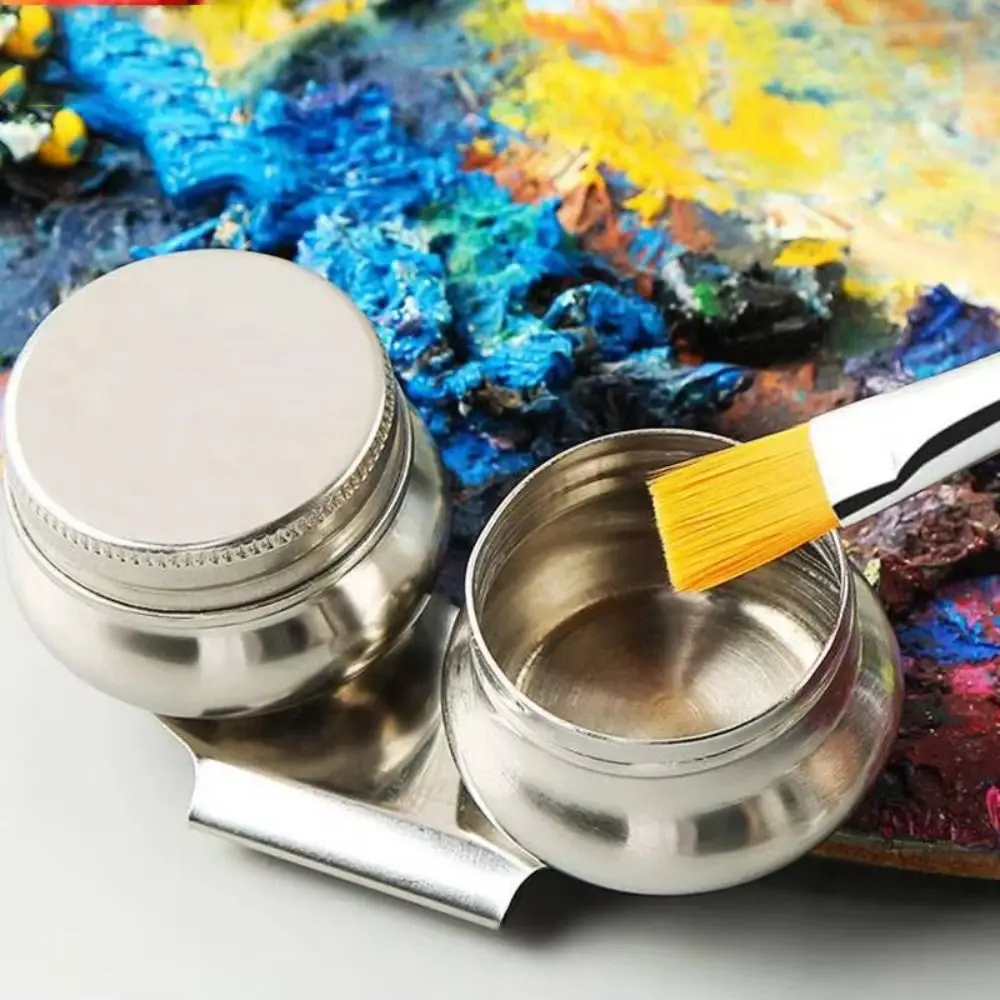 Stainless Steel Painting Oil Pot Single/Double Hole with Lid Watercolor Dipper Leakproof Professional Oil Paint Box