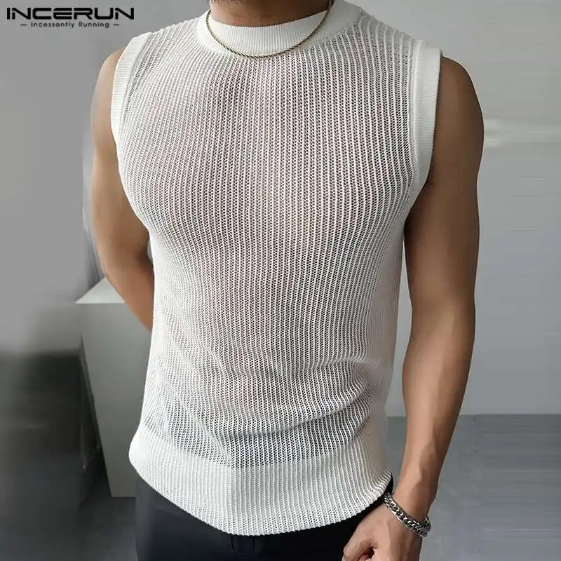 2024 Men Tank Tops Mesh Transparent Solid Color O-neck Sleeveless Summer Male Vests Sexy Streetwear Fashion Men Clothing INCERUN