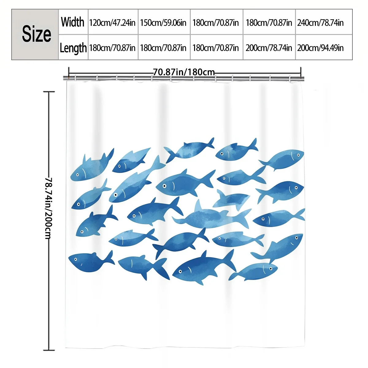 Watercolor Blue Fish School Shower Curtain 1pc with 12 Hooks for Bathroom Home Decor Polyester 2D Flat Print 70.8x70.8 Inch