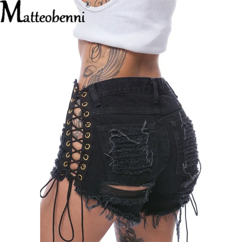 Sexy zerrissene Quaste Jeans Streetwear hohe Taille gerade Jeans shorts 2024 Sommer neue Frauen Schnür loch aushöhlen Jeans shorts