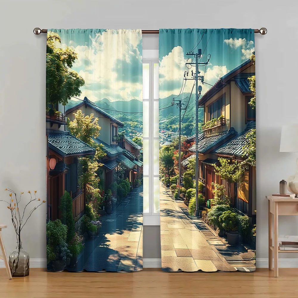 

2pc, Curtains Quiet street scene Light Filter Family Party Perfect for room decor aesthetic