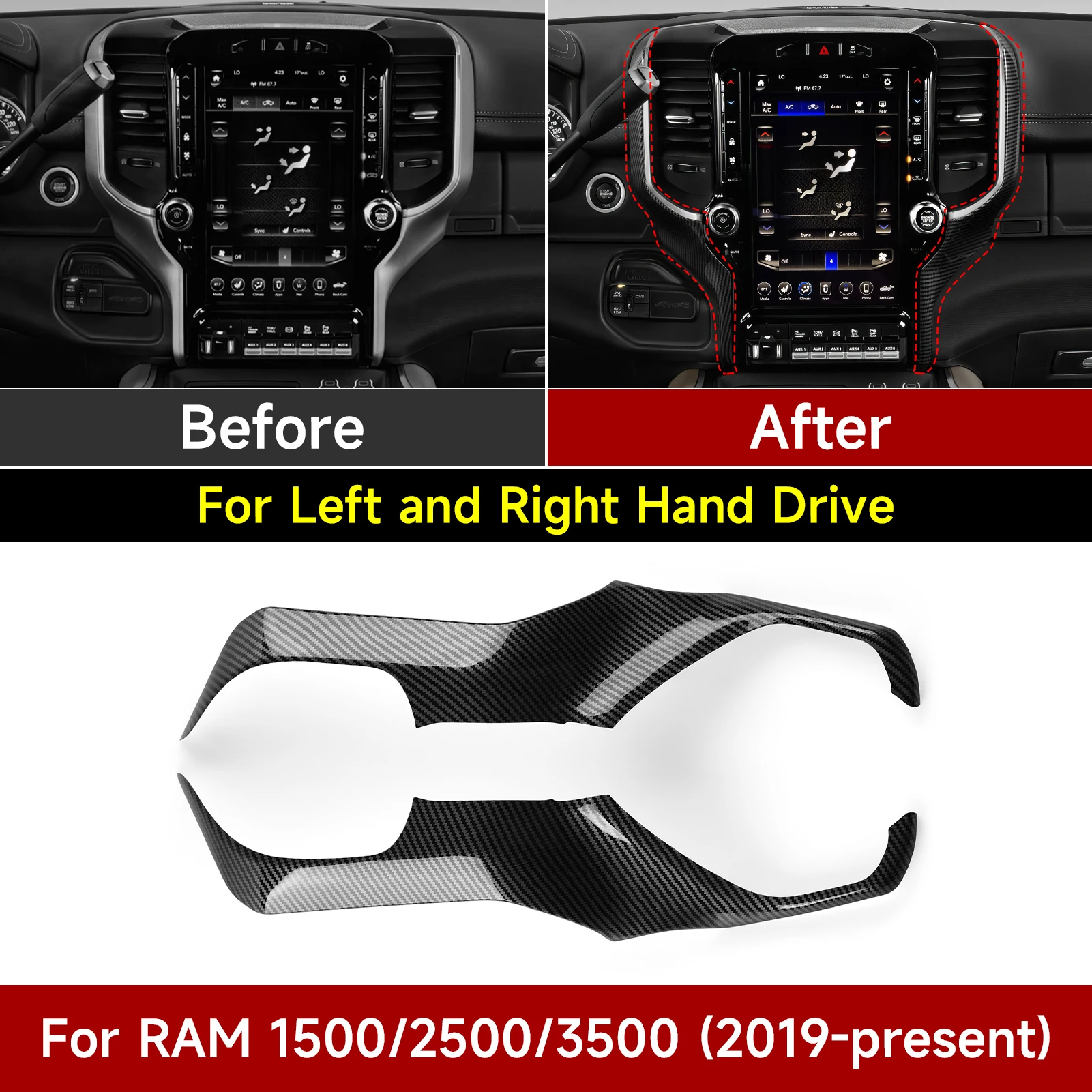 

Боковые декоративные полоски на центральной консоли автомобиля, наклейка на панель из углеродного волокна, ABS, интерьер для Dodge RAM 1500 2500 3500 2019-2026, отделка