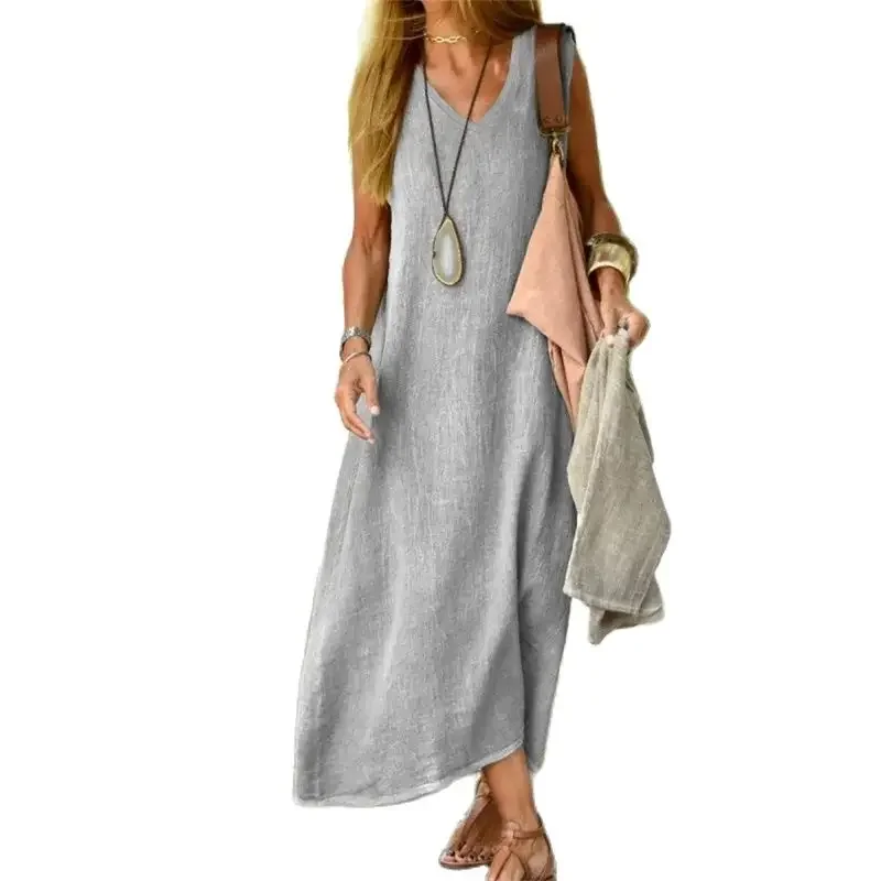 Women V Neck Pullover Cotton Linen Dresses Solid Color Loose Waist Dress Female Summer Daily Comfortable Casual Sleeveless Gown