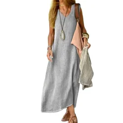 Women V Neck Pullover Cotton Linen Dresses Solid Color Loose Waist Dress Female Summer Daily Comfortable Casual Sleeveless Gown