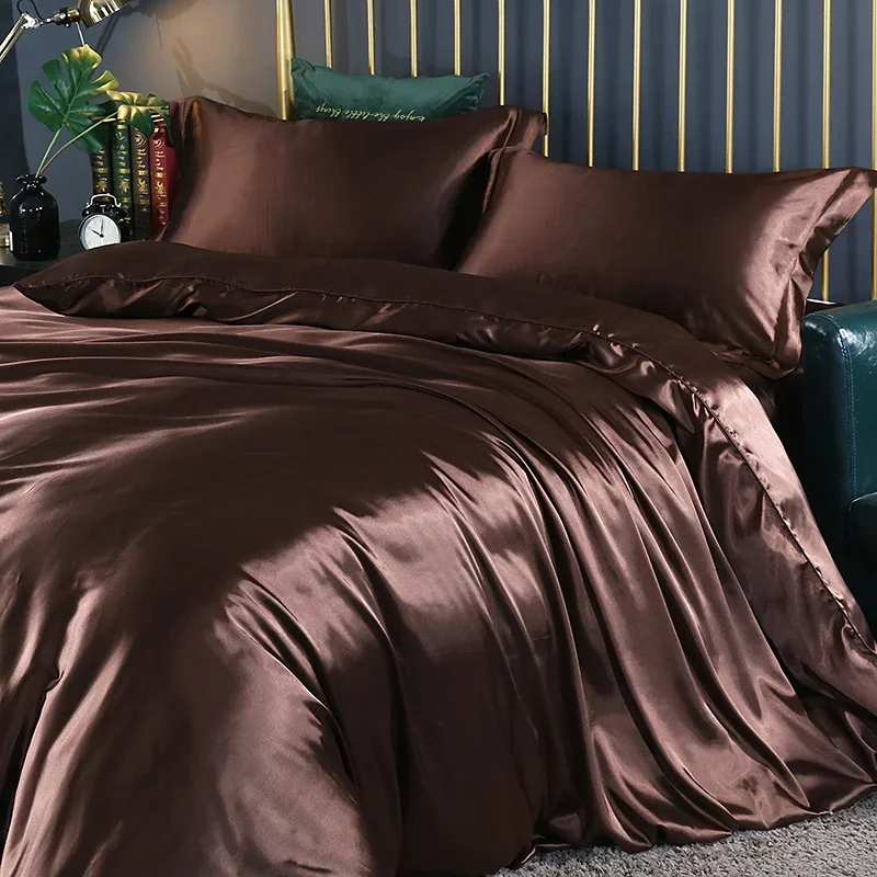 Nordic Silk Bedding Set with Duvet Cover Bed Sheet Pillowcase Luxury Couple Single Double Summer Home Textile Solid Bedsheet