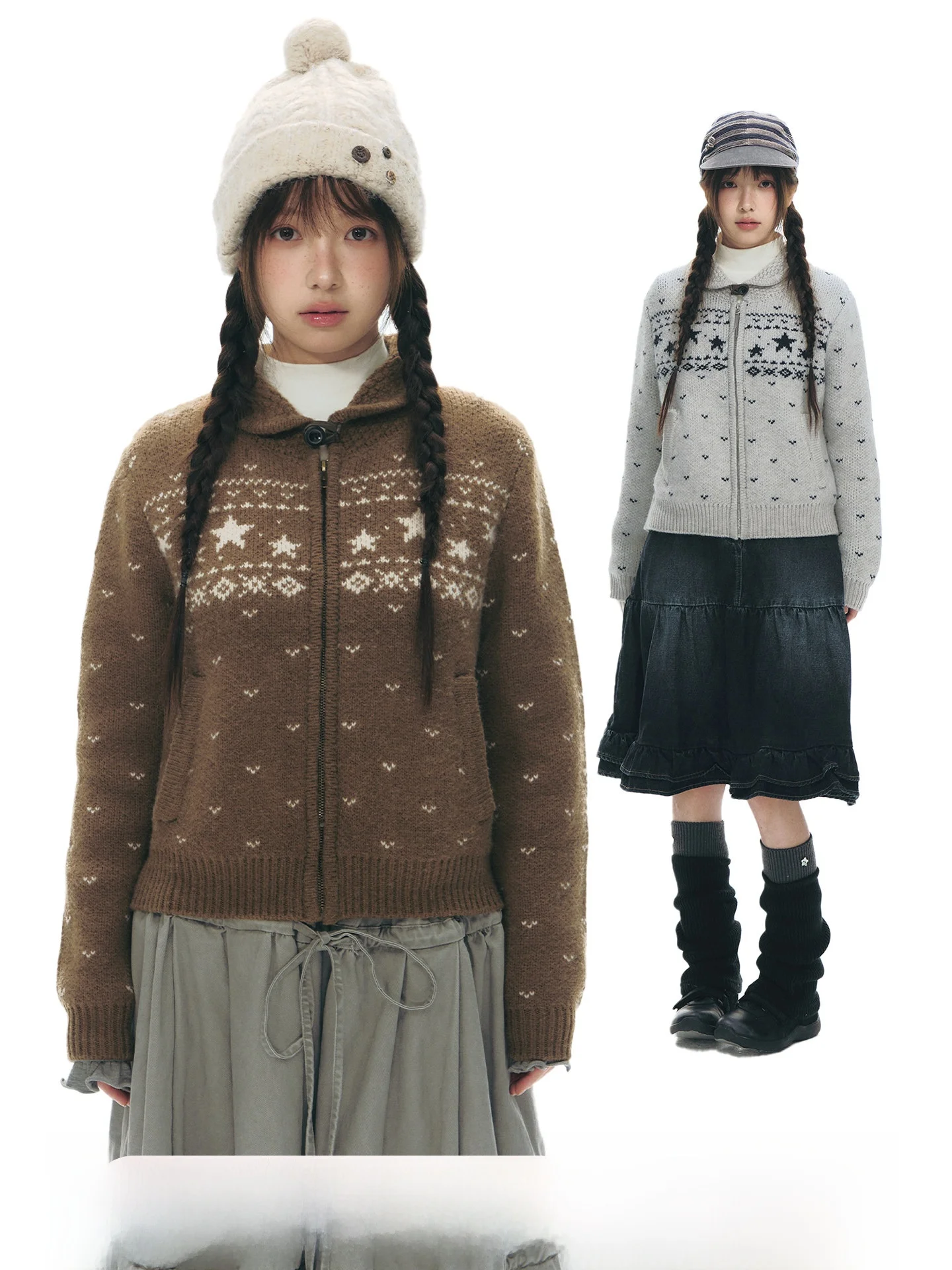 

TAKEANAP Original Fair Isle Knit Cardigan Women's Spwear Vintage Star Pattern Autumn Winter Outerwear Long Sve Zipper