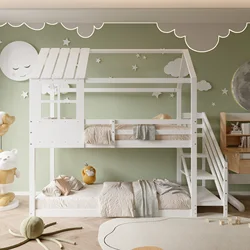 200x90cm Doppelbett, Bett mit Ecktreppe, Hausbett, Kinderbett mit Fallschutz und Gitter, mit Fenster, Gestell aus Kiefernholz