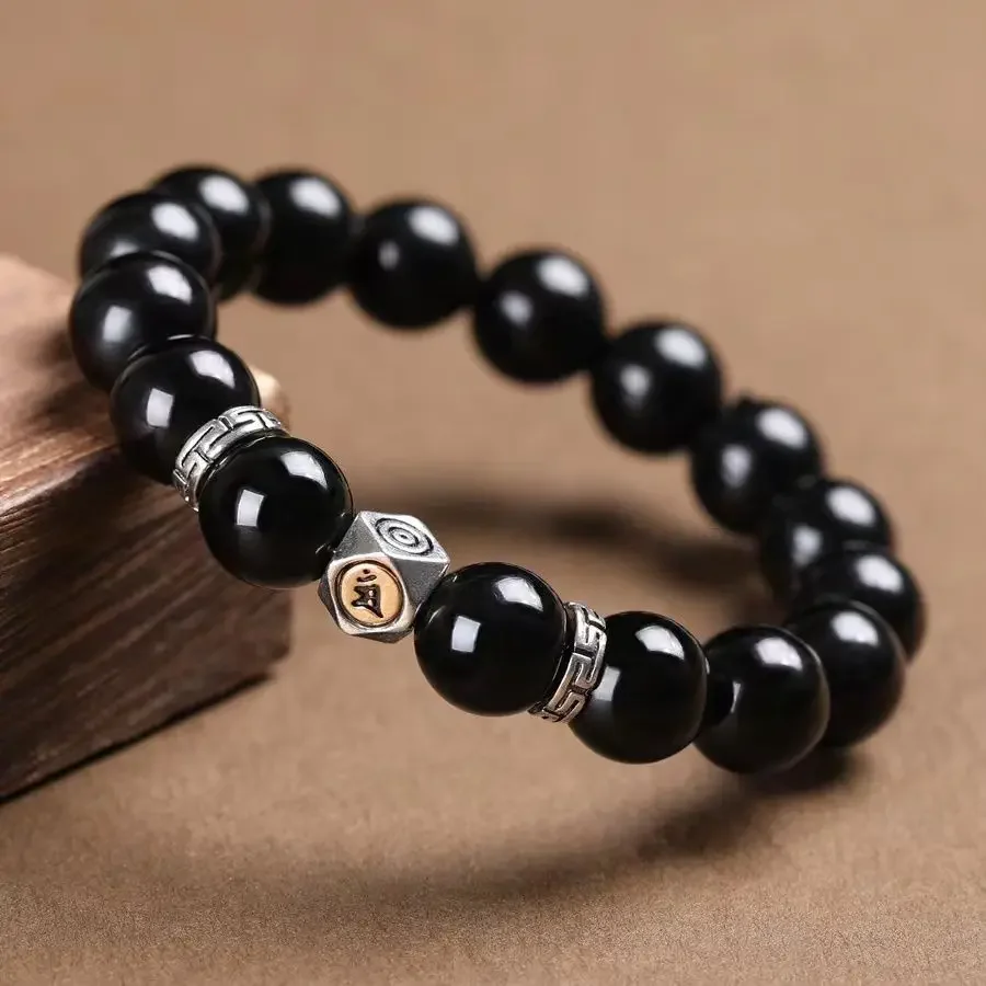 Simple Obsidian 12 Zodiac Guardian God Bracelet for Men and Women Tibetan Silver Sanskrit Benming Buddha Handstring Couple Gift