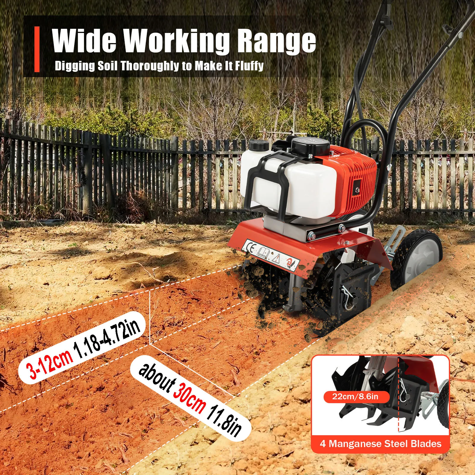 52CC 1700W ガソリンガーデンティラー ​ コードレス 2 ストローク空冷耕運機ロータリー トレンチほぐし用 幅 12 インチ/30 センチメートル 幅 12 センチメートル dp