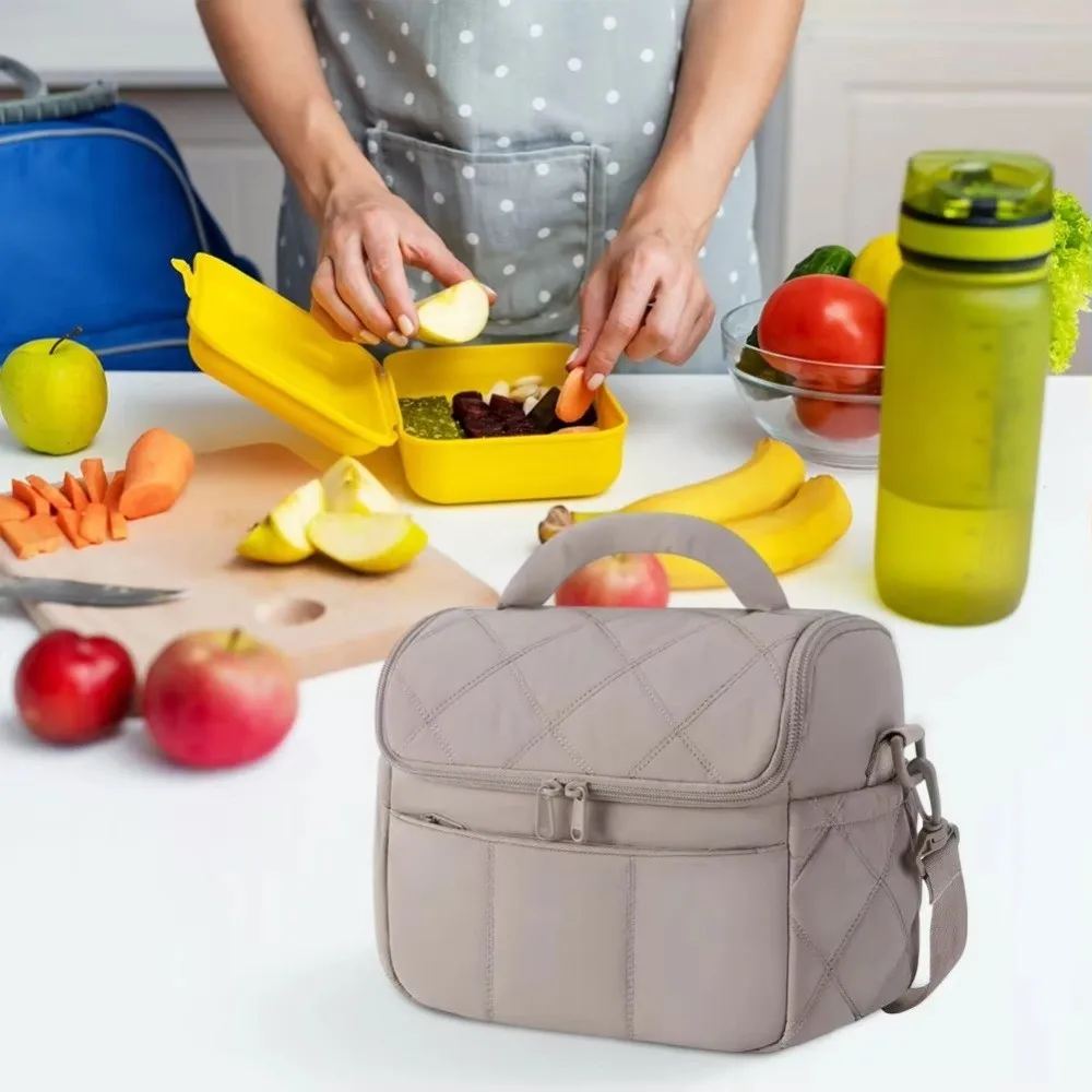 

Quilted Puffer Insulated Lunch Bag Detachable Strap Waterproof Lunch Tote Soft Cooler Leakproof Cooling Tote School