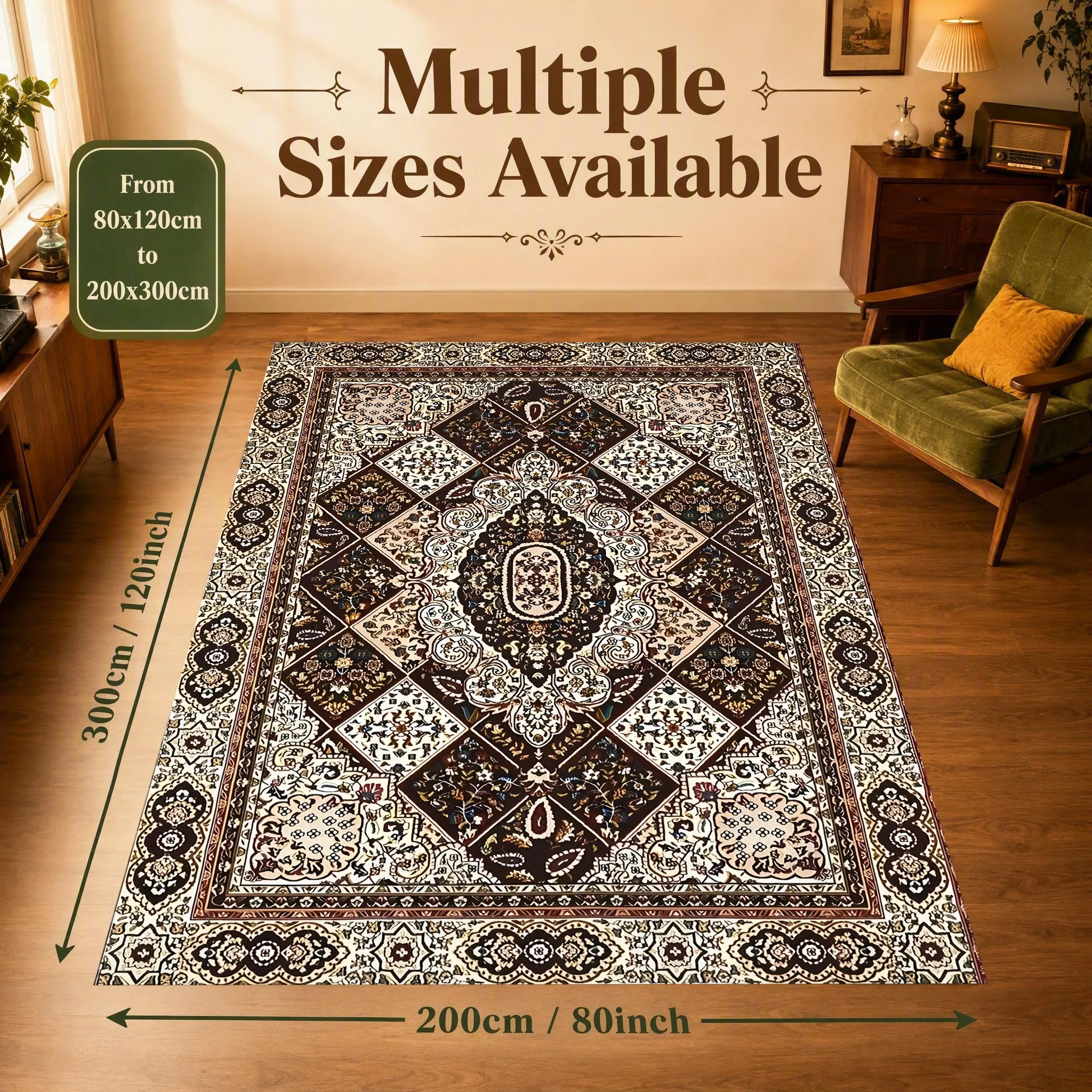 Retro Persian Symmetrical Diamond Rug Soft Velvet Carpet Living Room Bedroom Tea Room Decor