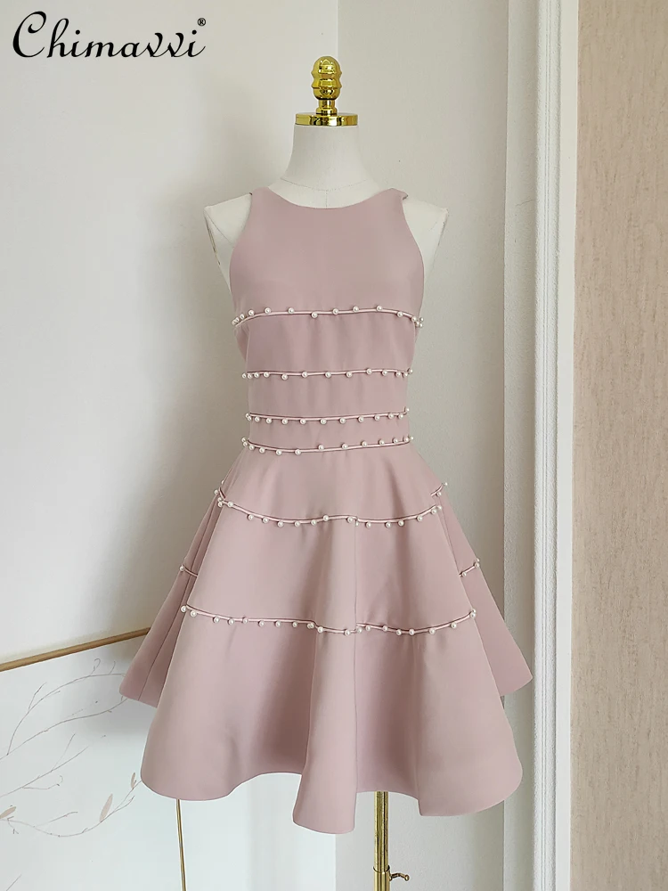 

French Elegant Socialite Beaded Round Neck Sleeveless Backless High Waist Slim Fit A-line Princess Evening Short Dress Women