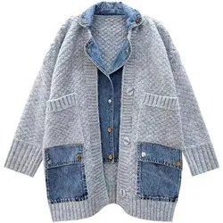 Cardigan di jeans impiombati Vintage donna giacca Streetwear a maniche lunghe allentata cappotti moda coreana Y2k Harajuku maglione lavorato a maglia Baggy