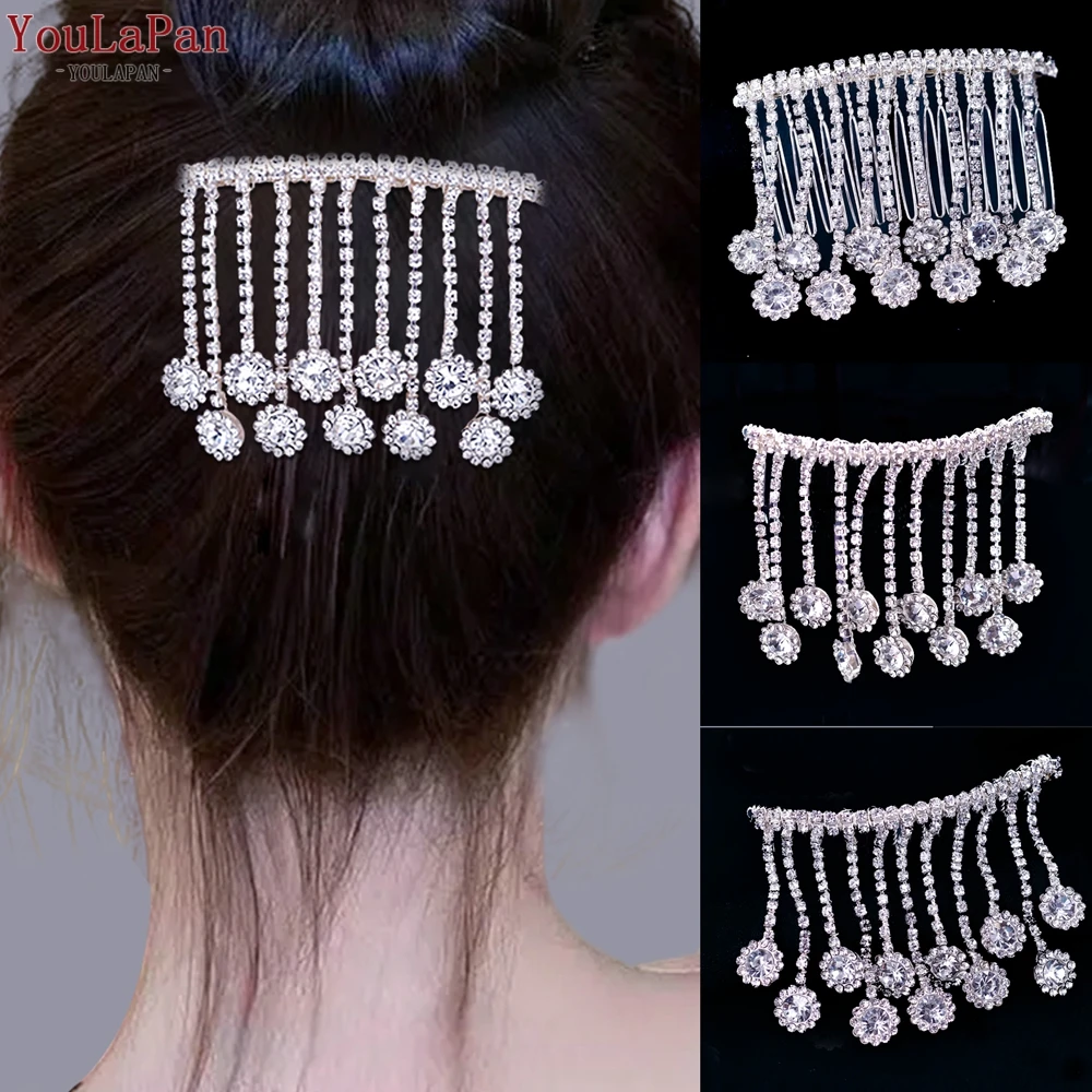 

YouLaPan Elegant Rhinestone Tassel Bride Hair Comb Handmade Wedding Headwear Party Prom Silver Color Comb Hair Accessories HP555