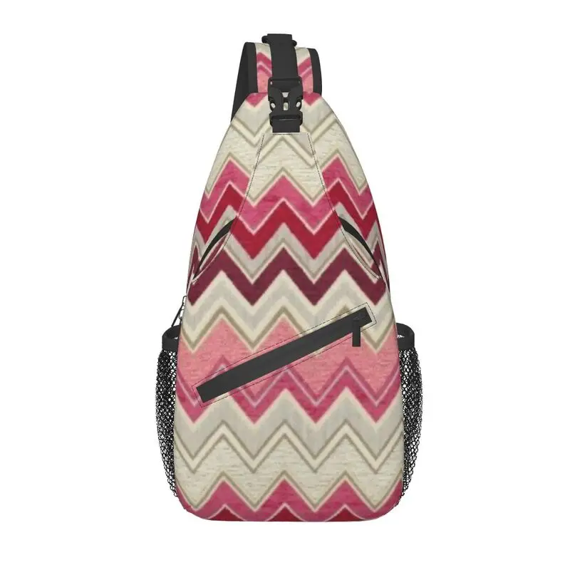 

Abstract Geometric Zigzag Textile Print Sling Crossbody Backpack Zig Zag Pattern Shoulder Chest Bag for Travel Hiking Daypack