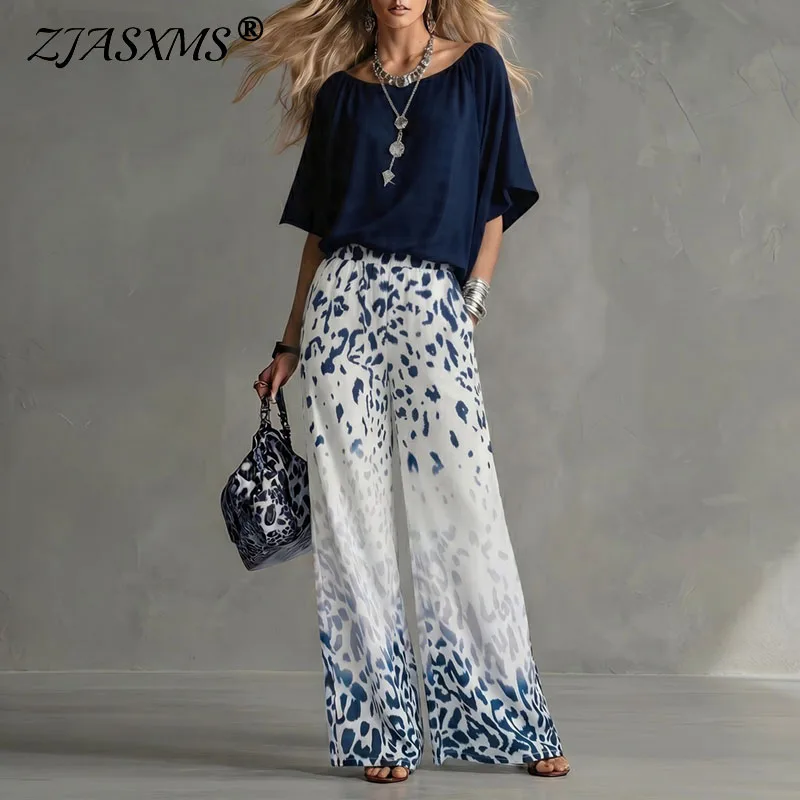 Vintage Gradient Leopard Print 2 Pcs Outfit Women Off Shoulder Batwing Sleeve Wide Leg Pants Suit Casual Summer Travel Loose Set