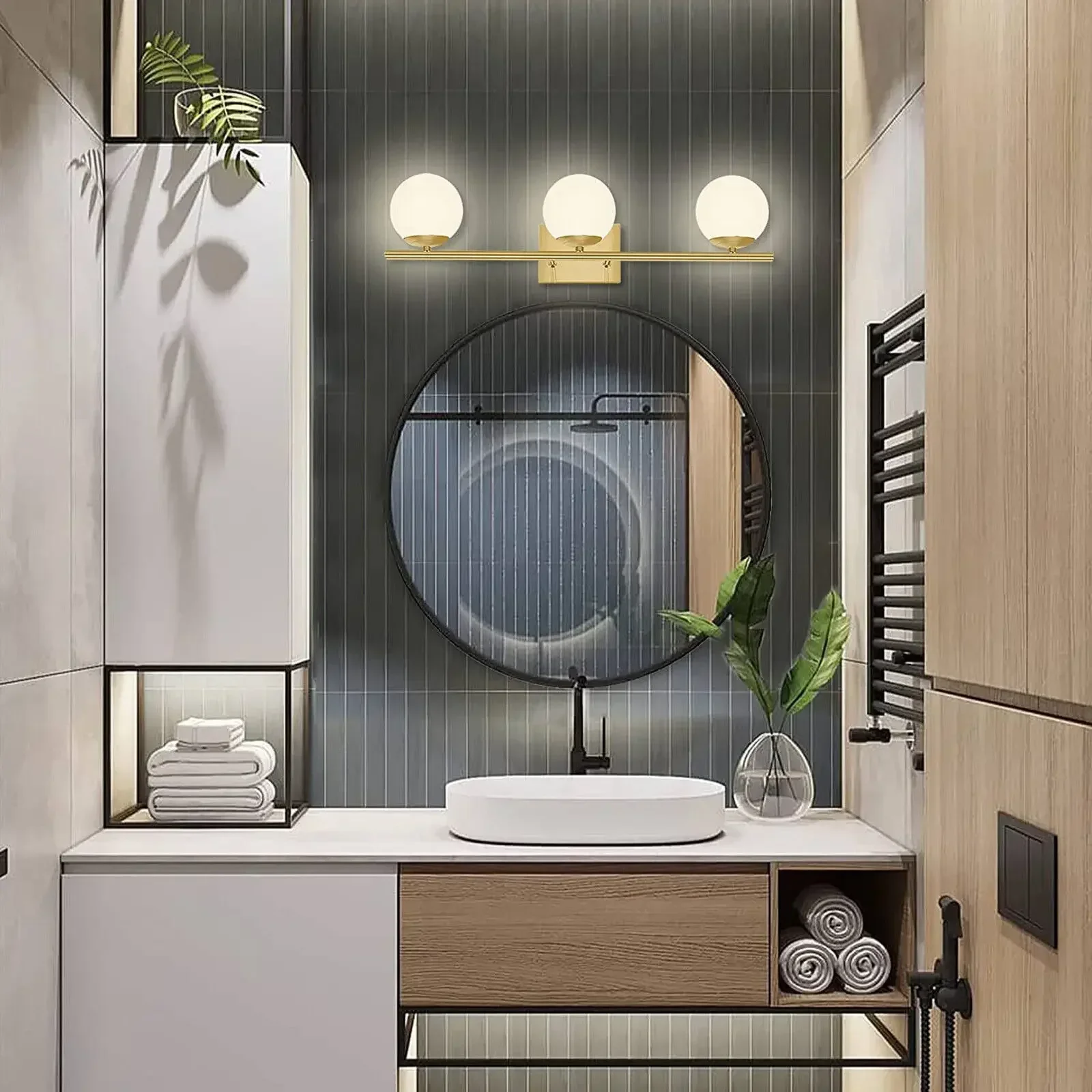 Lámpara de pared rústica dorada para tocador de baño, accesorio estilo granja blanco leche para espacio de baño