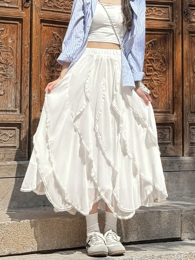 

Романтичная кружевная юбка-полусолнце с плиссировкой, удобная, с высокой талией, длинная, А-силуэта, для женщин, летняя мода, французский стиль