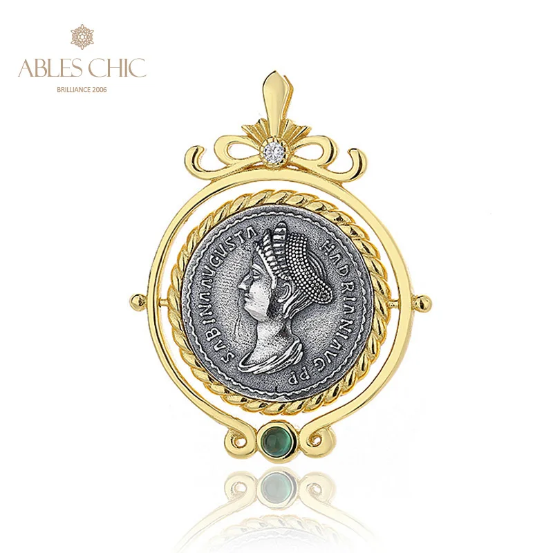 Ables Chic Sabina Greek Silver Coins Charm Natural Agate 18K Gold Two Tone Solid 925 Silver Roman Coin Crown Pendant Only N1015