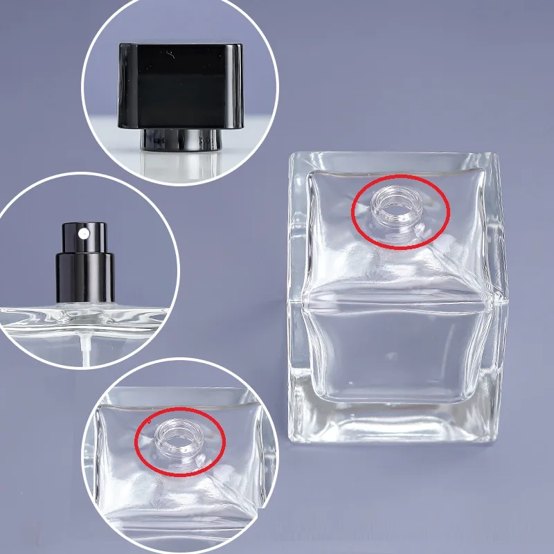 6pcs Glass Atomizer Empty Square Transparent Bottom Cosmetic Packaging Black Crimp Pump Mist Spray Perfume Bottles 50ml 100ml