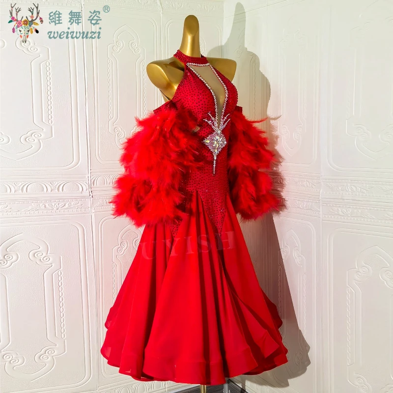 Social Modern Dance Feather Style Pearl AB Stones  Decoration Modern Big Swing Dresses Adult Quickstep Foxtrot Perform Clothes