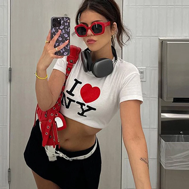 Y2K 여성 라운드넥 반팔 티셔츠, 레터 프린트 오픈 배꼽, 유럽 및 미국 상의, 여름 신상