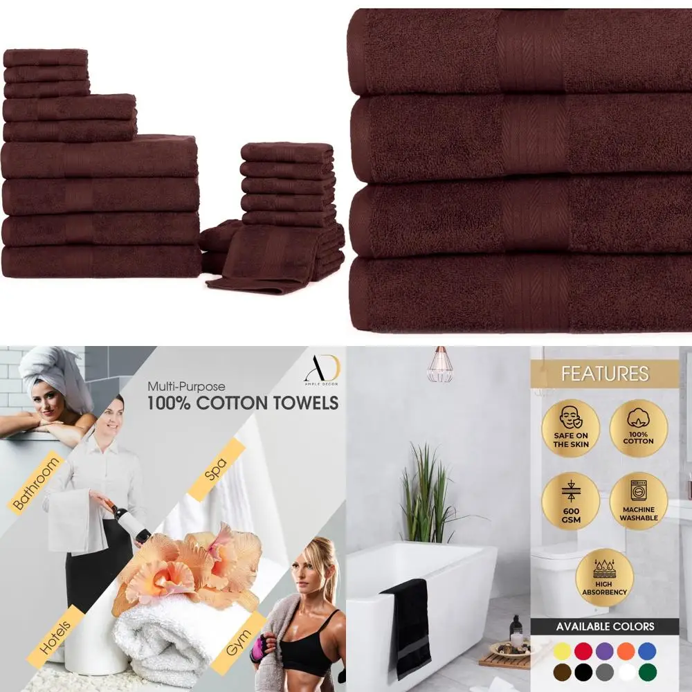 

Bathroom Towel Set 18 Pieces - 4 Hand Towels, 4 Bath Towels, 10 Washcloths - Oeko Tex Certified 600 GSM 100% Cotton - High Quali