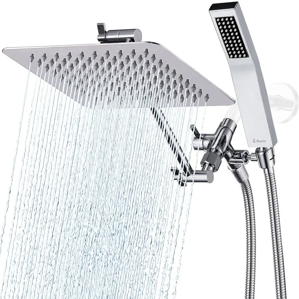 

All Metal 8 Inch Dual Square Shower Head with Handheld Spray Combo, Rain Shower Head, Adjustable Extension Arm, Smooth 3Way Dive