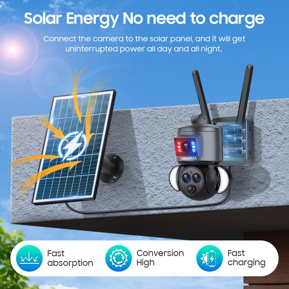 SHIWOJIA Solar Camera 4G SIM 12MP 15X Zoom Security Outdoor 3Lens Dual Screen Recording Humanoid Tracking Color Night Vision