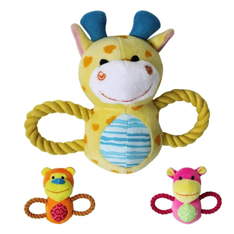 Dog Stuffed Toys Cute Animal Shape Plush Chewing Toy With Double Ropes Interactive Puppy Rope Chew Toy Soft Crinkle Dog Toy For