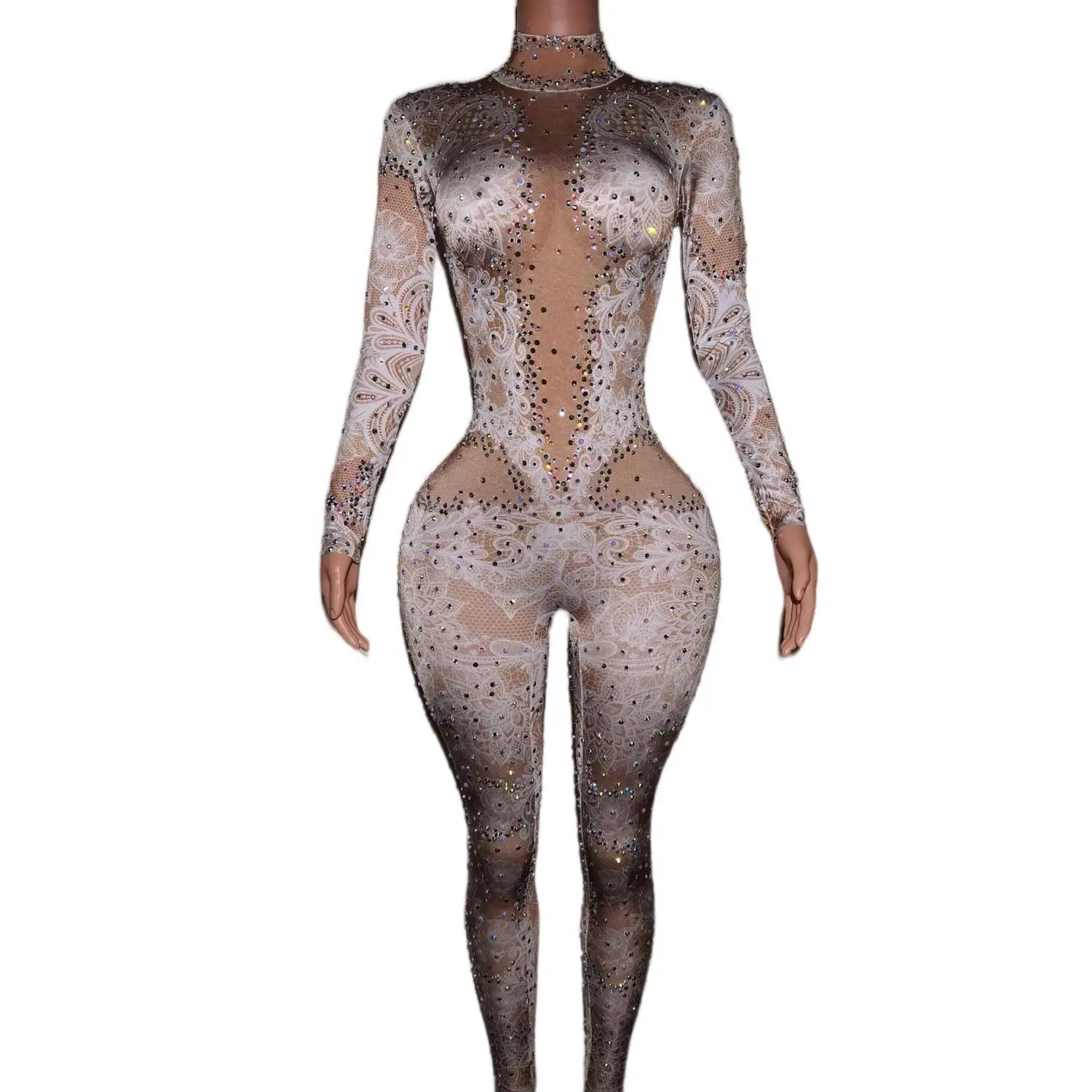 Elegancki biały koronkowy diamentowy kombinezon damski Slim Fit body taniec na rurze kostium sceniczny Lady Rhinestone pajacyki imprezowe