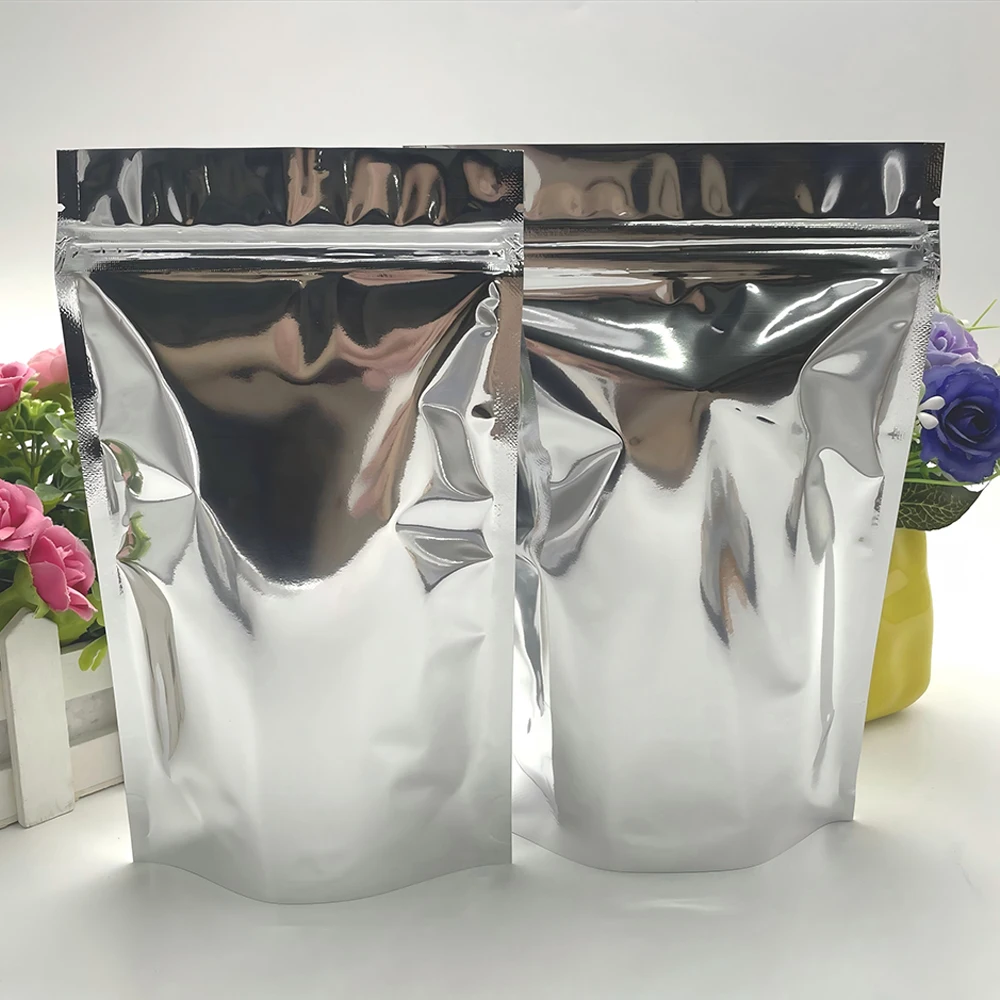 100 個シルバーアルミ箔ジップロック包装袋スタンドアップ再密封可能な光沢のある箔プラスチック熱シール保存ポーチ