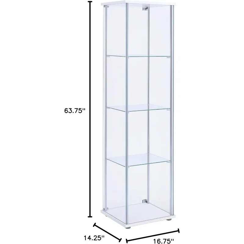 Coaster Home Furnishings Rectangular 4-Shelf Clear Curio Cabinet, 63.75" H x 14.25" W x 16.75" D, White, Chrome, 951072