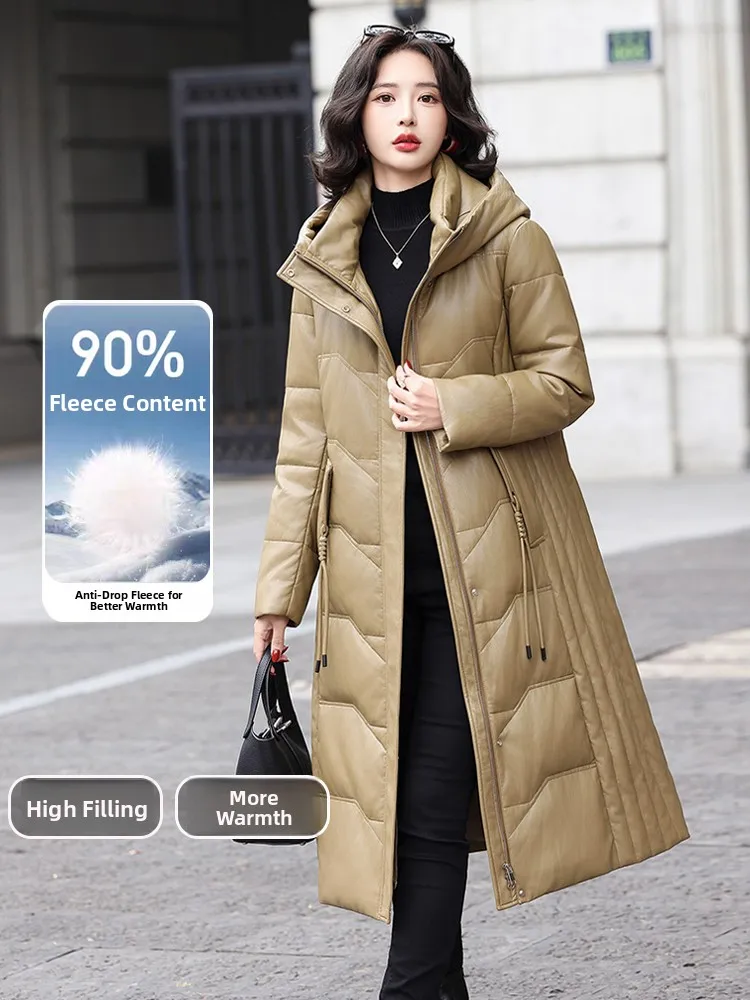 

Winter New Sle Women's Long eepskin Leather down Jaet Slim Fit Mid-Length Hooded Fur Coat Warmth Sli Korean Design