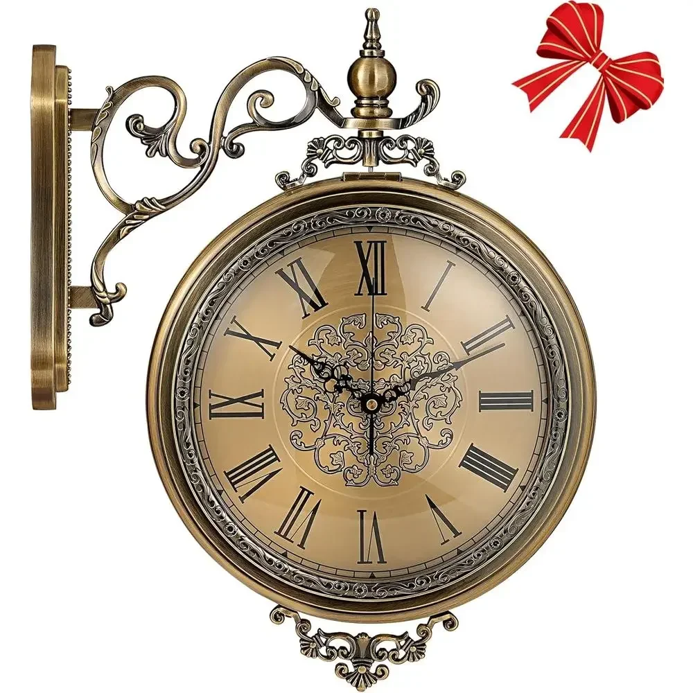 Large Vintage Double Sided Wall Clock with Glass & Metal, and AraNumerals, Silent Non-Ticking Battery Operated Antique Clock or