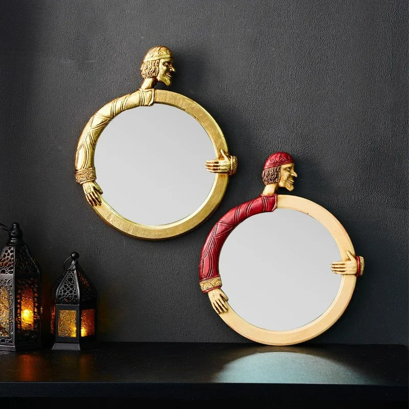 

European Classical King Round Decorative Mirrors Resin Material Living Room Wall Decoration Home Art Pendant Makeup Mirror