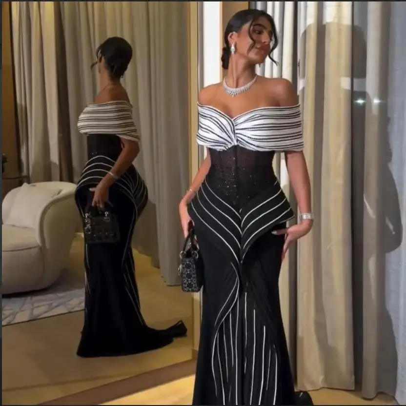Customized Modest Ruffles Evening Dress 2025 Contrast Color Off the Shoulder vestidos de gala Tranparent Waist evening dresses image 2