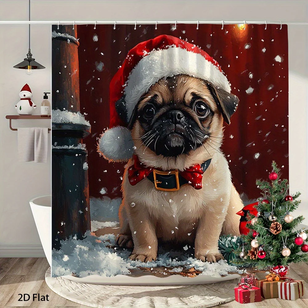 2D Flat, 1pc 2D Flat Christmas Dog Puppy Bath Curtain Bathroom Decor Bath Divider Hanging Shower Curtain 70.8x70.8 Inch with 12