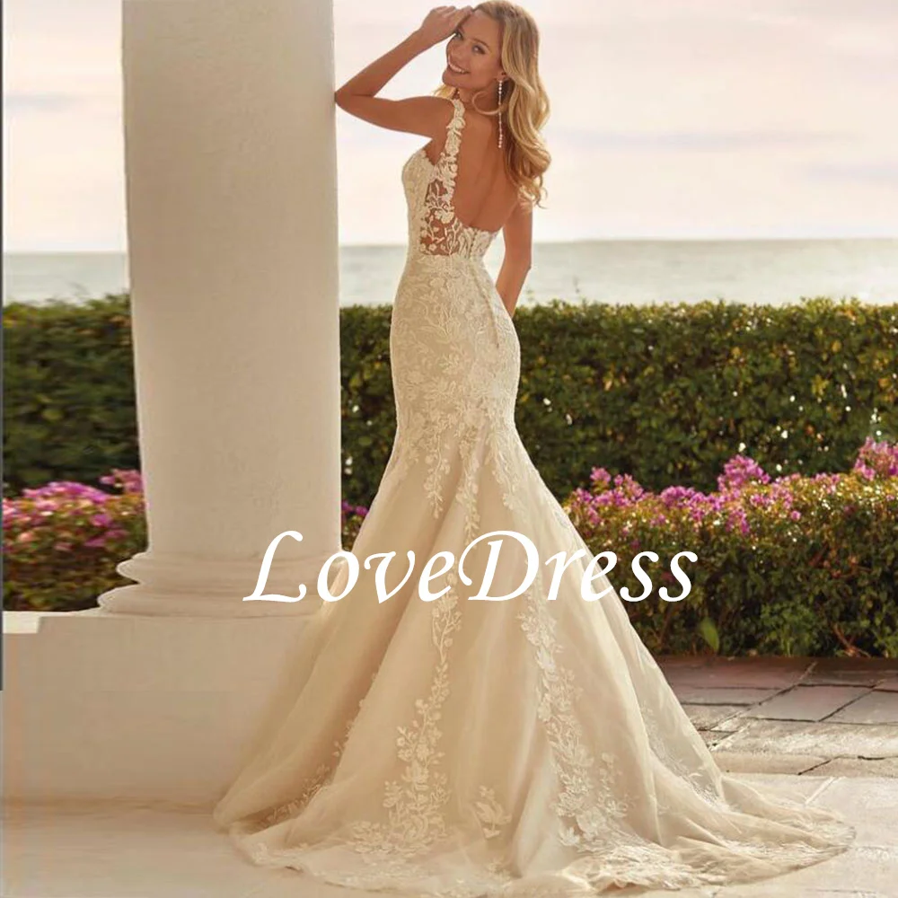 LoveDress свадебное платье русалки с v-образным вырезом, сексуальное свадебное платье с открытой спиной и кружевной аппликацией, свадебные платья, платья по индивидуальному заказу