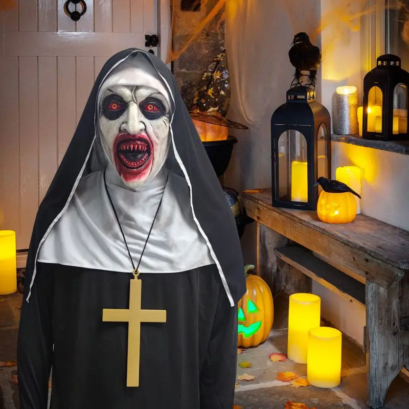

Horror The Nun Mask Headscarf Valak Cosplay Mask with Headscarf Latex Scary Full Head Mask Halloween Horror The Nun Latex Mask
