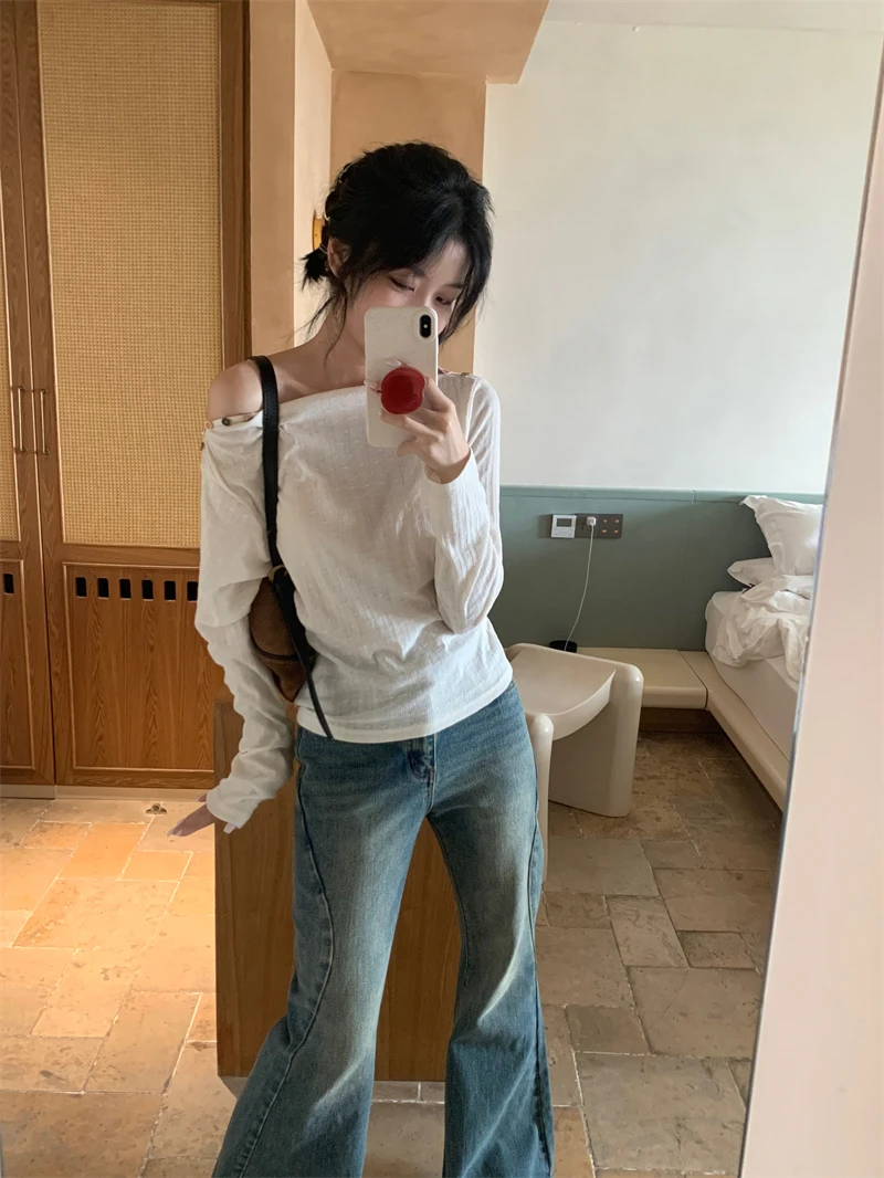 

Джинсы-клеш Rouhop Denim с 8 пуговицами, красной отделкой и пуговицами для застежки, для женщин, простые, с завышенной талией