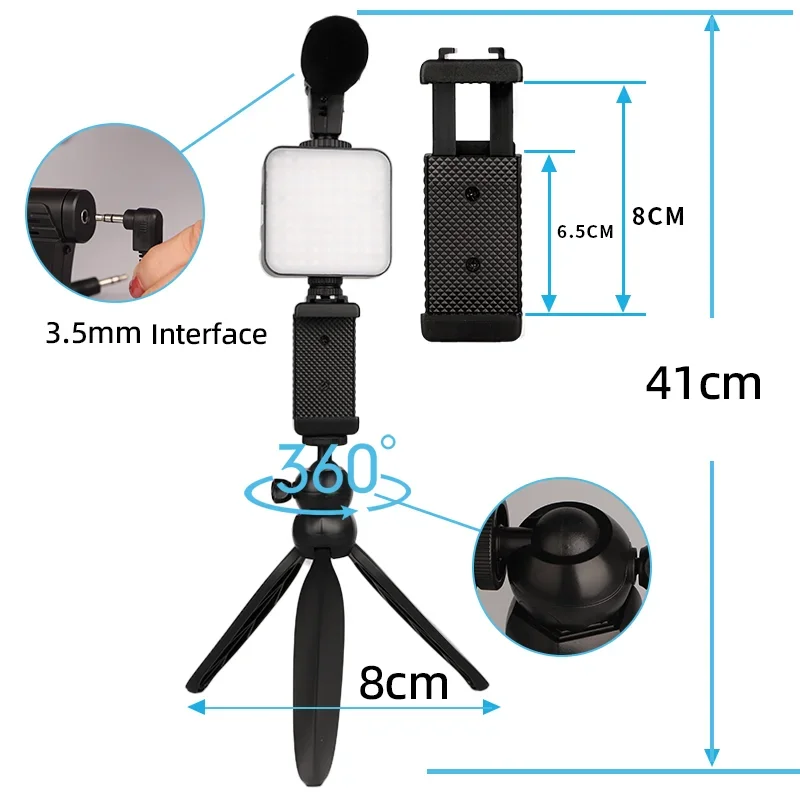 Mobile Phone Clip Tripid Mike Microphone Kit Set Rechargeable Portable Conference Live LED Mini Video Light Camera Fill Lamp