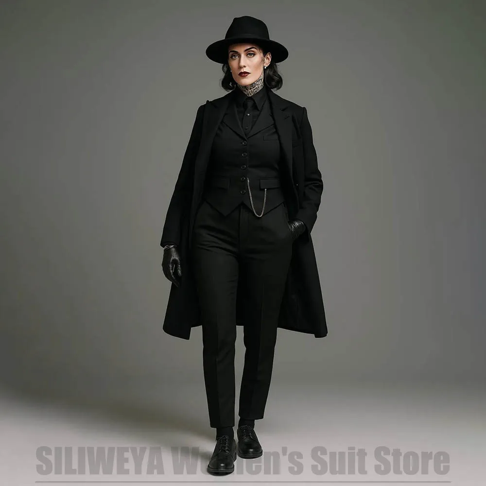 Schwarzes Damen-Anzug-Set, 3-teilig, einreihig, langer Mantel, Weste, schmale Hose, Büroarbeitskleidung, Party, Abend, Alltag, Freizeitanzüge
