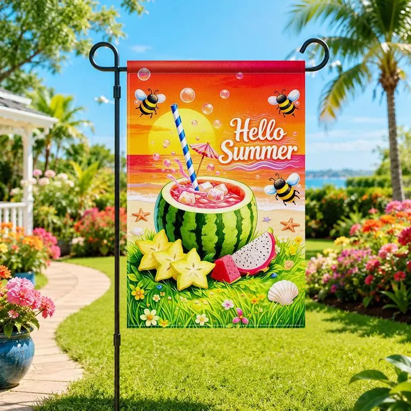 Hello Summer Garden Flag Watermelon Drink Yard Decor | 12x18 in double sided linen garden flag with watermelon drink bees be llp