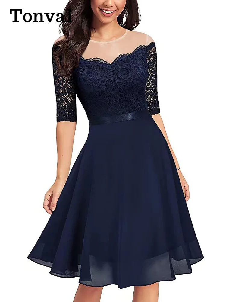 

Tonval See Through Mesh Elegant Lace and Chiffon Vintage Dress 3/4 Length Sleeve Evening Formal Occasion Women Midi Dresses